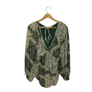 ENTRO Green Paisley Boho Balloon Sleeve Blouse Small